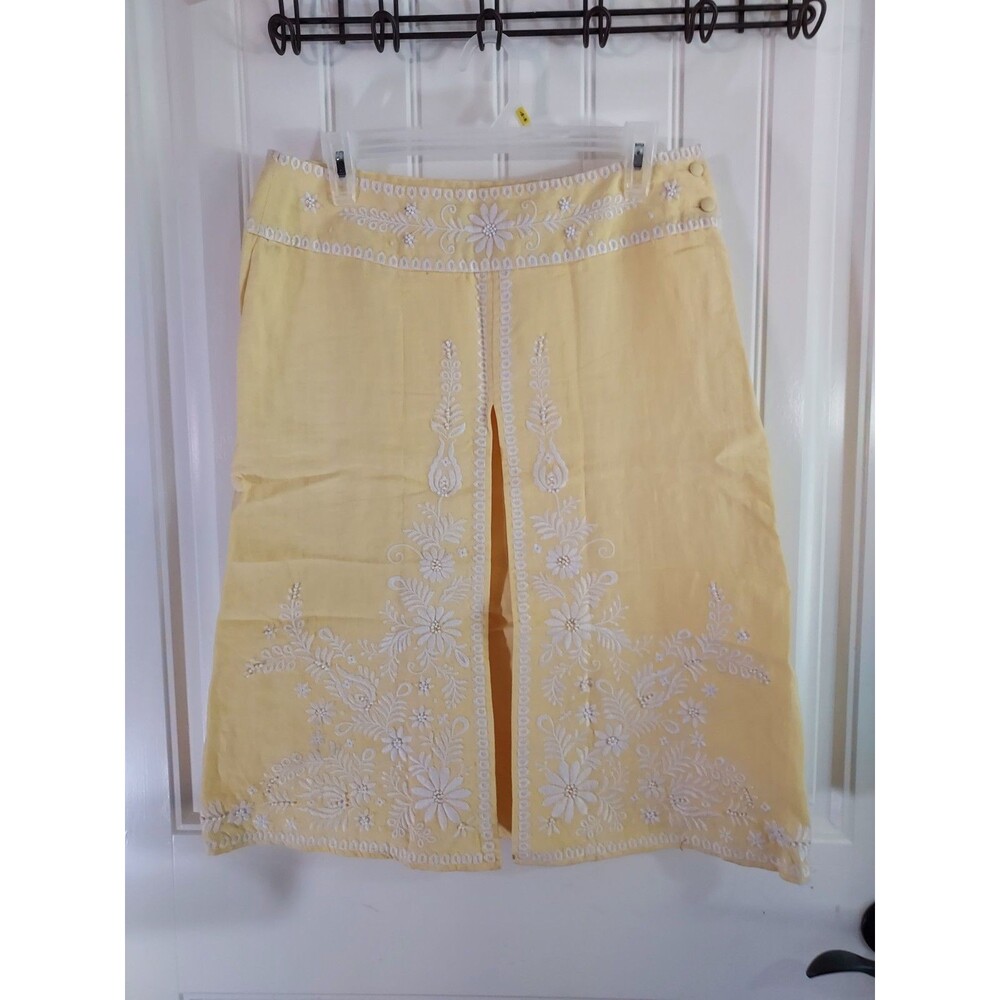 Silkland Yellow Linen Skirt‎ Beaded Floral Embroidery Size 10 Coastal Grandma